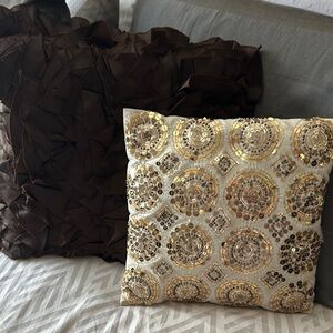 Set of decorative pillows. Elegant Gold and Cream Pillow & Brown Ruffled Pillow